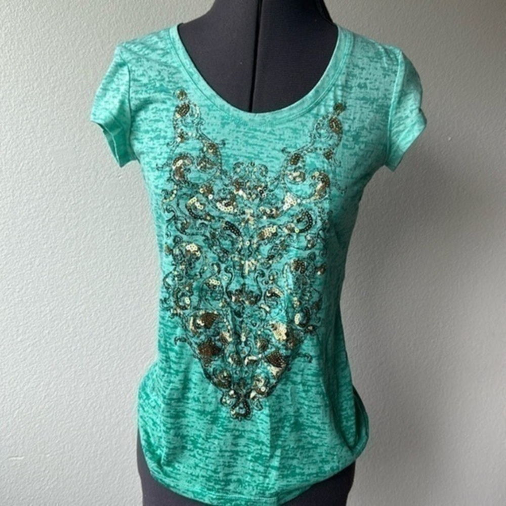 Inc top size small shades of green and gold sequins sheer bohemian